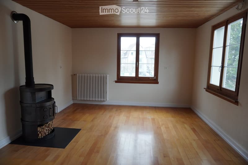 Empty room with wooden flooring, white walls, and a wood-burning stove with a chimney. Two windows provide natural light, and a radiator is visible on one wall.