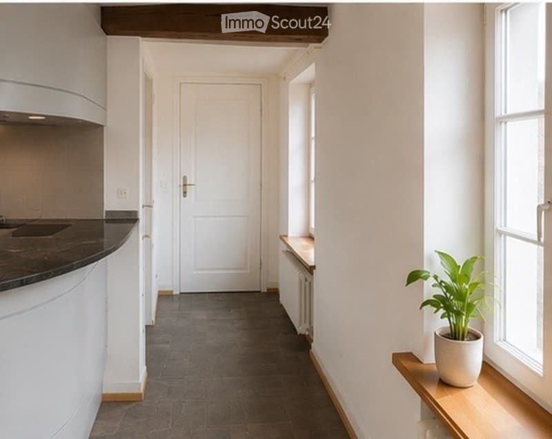 Clean, modern hallway with white walls, grey tiled floor, and a single white door at the end. A small wooden shelf holds a potted plant near a window on the right side.