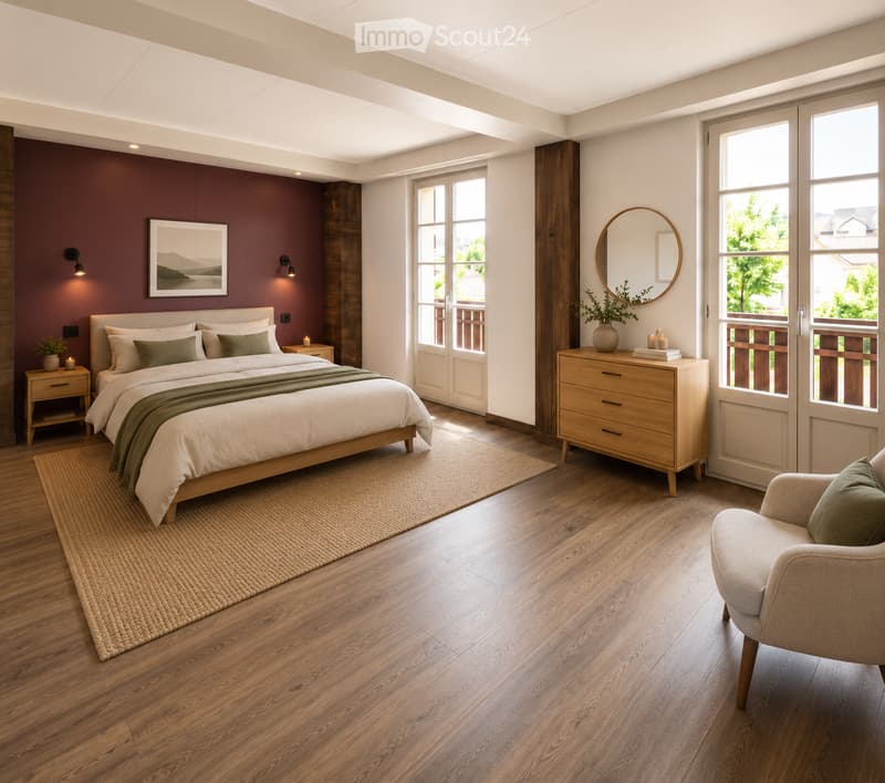 Modern bedroom with wooden flooring, large bed with green and white bedding, nightstand, armchair, dresser, mirror, and artwork on the wall.
