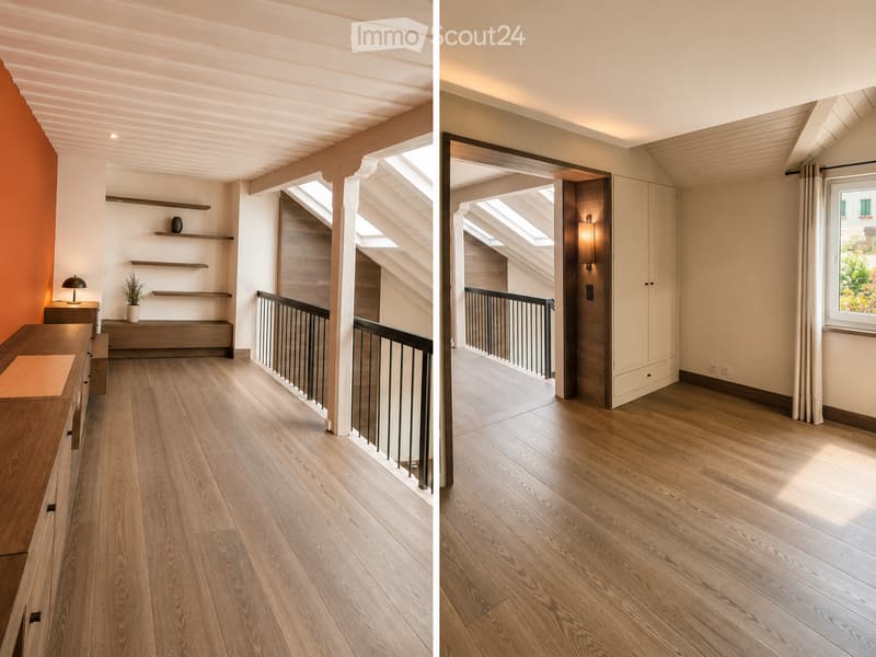 Two images of an unfurnished room with wooden flooring, white walls, and modern design elements. The left image shows a staircase with wooden railings and built-in shelves, while the right image displays a doorway leading to another room with a window and