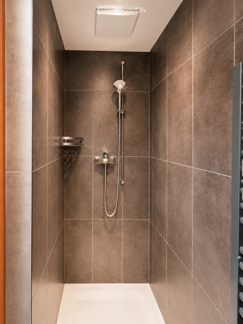 Modern shower stall with brown tiled walls, a sleek chrome showerhead, and a built-in shelf for toiletries.