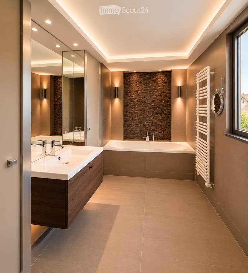 Modern bathroom with a double sink, bathtub, large mirror, radiator, and sleek fixtures.