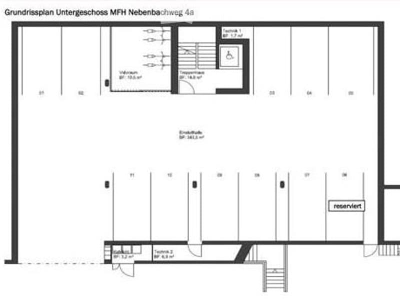 Floor plan of the basement level of MFH Nebenbachweg 4a, showing rooms including a storage area, a utility room, and a reserved space.