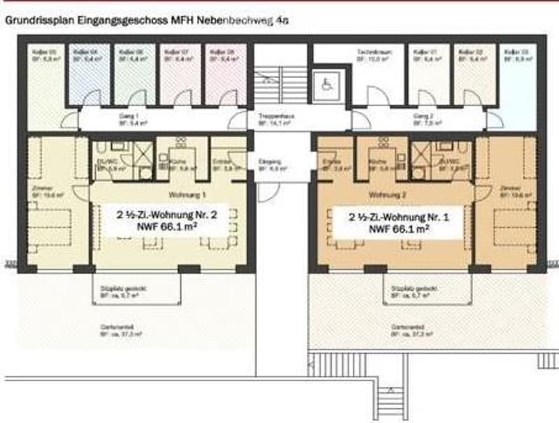Floor plan of an entrance building showing two apartments (2.5-room each), technical room, and common areas.