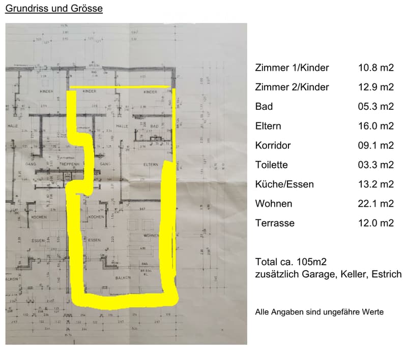 Floor plan showing a house layout with labeled rooms including two children's rooms, a bathroom, parents' room, hallway, toilet, kitchen/dining area, living area, and a terrace. Total area is approximately 105 m², with additional garage, basement, and att
