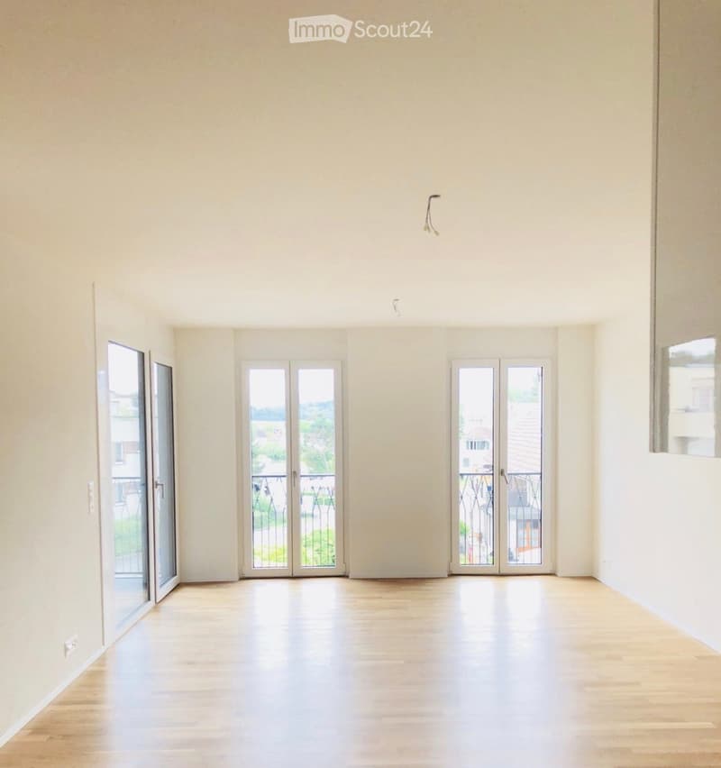 Empty room with light wooden flooring and white walls, featuring multiple large glass doors leading to balconies.