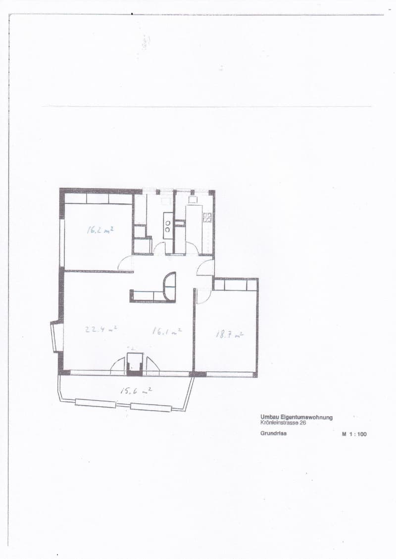 Floor plan of a residential unit with labeled room sizes: 22.4 m², 16.1 m², 18.7 m², 15.6 m², and 16.1 m².