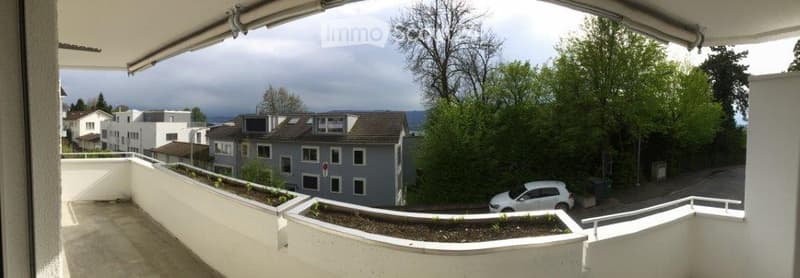 Balcony with white railings, planters, and a view of a residential street with houses, trees, and a parked car.