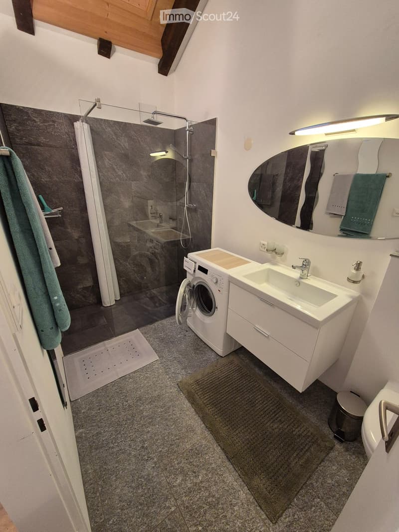 Modern bathroom with a sink, mirror, shower, washing machine, and bathtub. Features include a tiled shower area, a built-in sink cabinet, and a small rug on the floor.