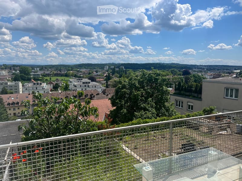 Balcony with metal railing, glass table, and scenic city view with buildings, trees, and distant mountains.