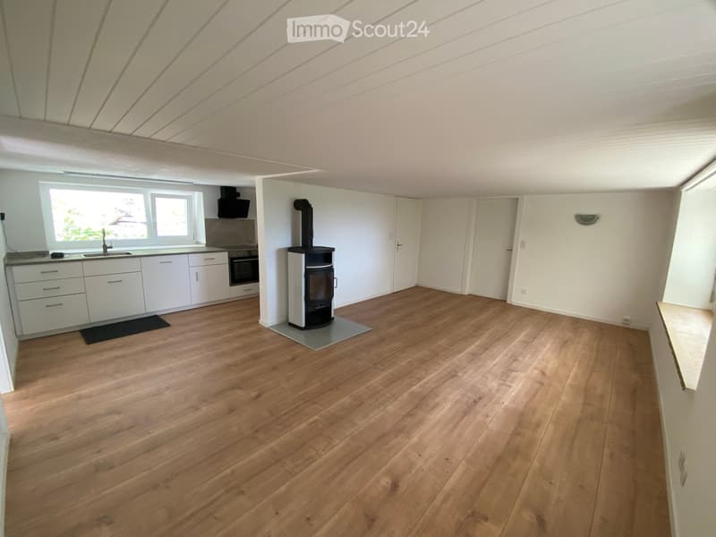 Bright, open room with wooden flooring, white kitchen cabinets, sink, oven, and a wood stove. Large windows provide natural light.
