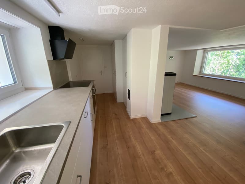 Empty kitchen with wooden flooring, white cabinets, and stainless steel sink. No appliances or furniture present.