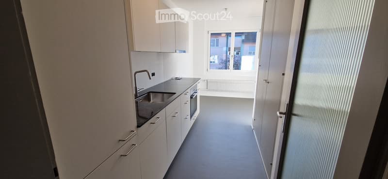 Modern kitchen with white cabinets, stainless steel sink and faucet, and built-in oven. Large window provides natural light.