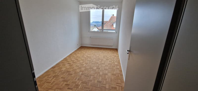 Empty room with wooden herringbone flooring, white walls, and a window offering a view of rooftops and hills.