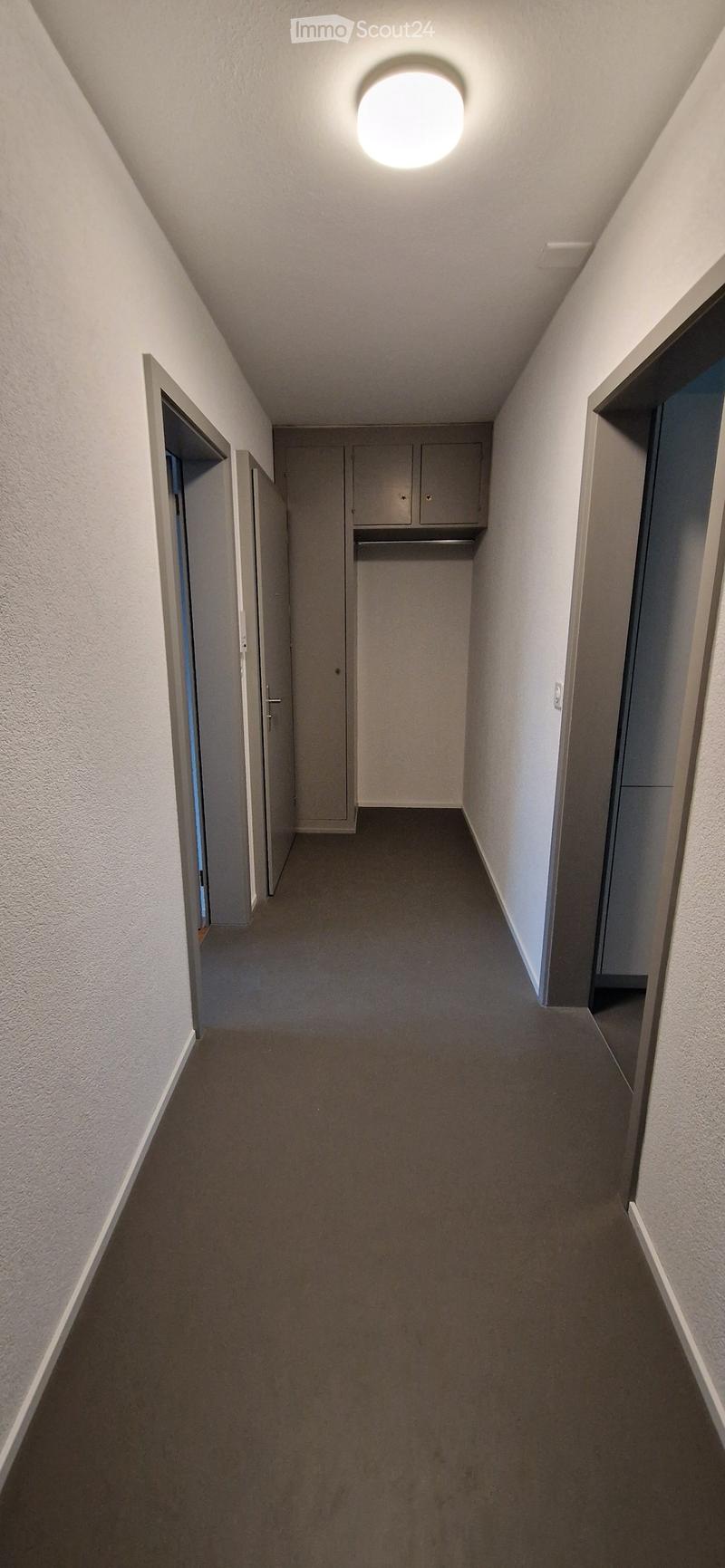 A narrow, carpeted hallway with white walls, a ceiling light, and several closed doors leading to other rooms.