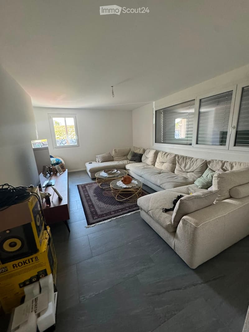 Modern living room with a large sectional sofa, coffee tables, a side table with picture frames, and a speaker box visible.