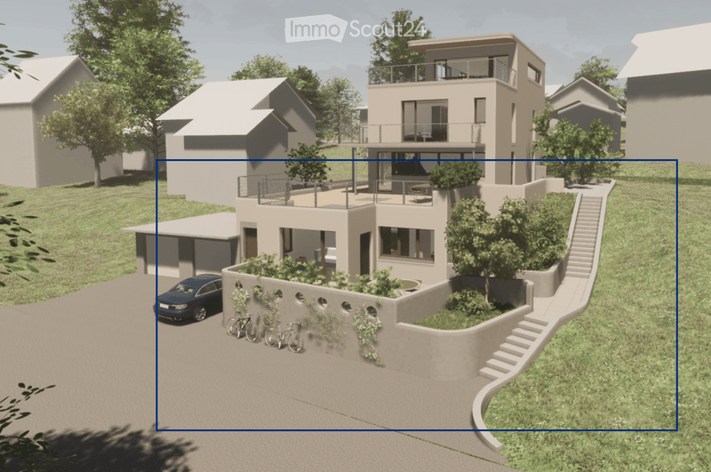 Modern two-story house with a garage, raised ground floor, and balcony. The house features a sleek design with large windows and a staircase leading to the upper level.