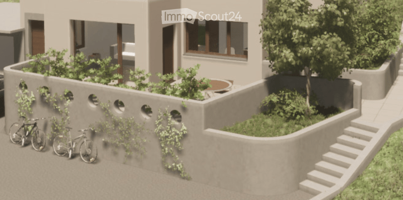 A modern rooftop garden with a raised concrete planter wall, greenery, bicycles, and a small seating area.