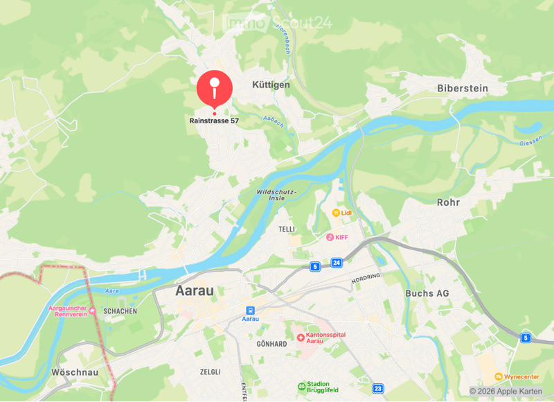 Map showing the location of Rainstrasse 57 in Kütigen, Switzerland, near Aarau and other nearby towns and landmarks.