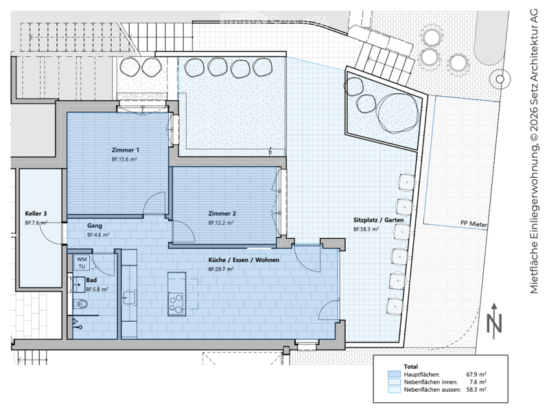 Floor plan of a residential space with labeled rooms including Zimmer 1, Zimmer 2, Gang, Küche / Essen / Wohnen, Bad, Keller 3, and Sitzplatz / Garten. Total area is 67.9 m².
