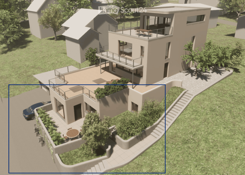 3D rendering of a modern two-story house with balconies, raised ground floor, and parking area.
