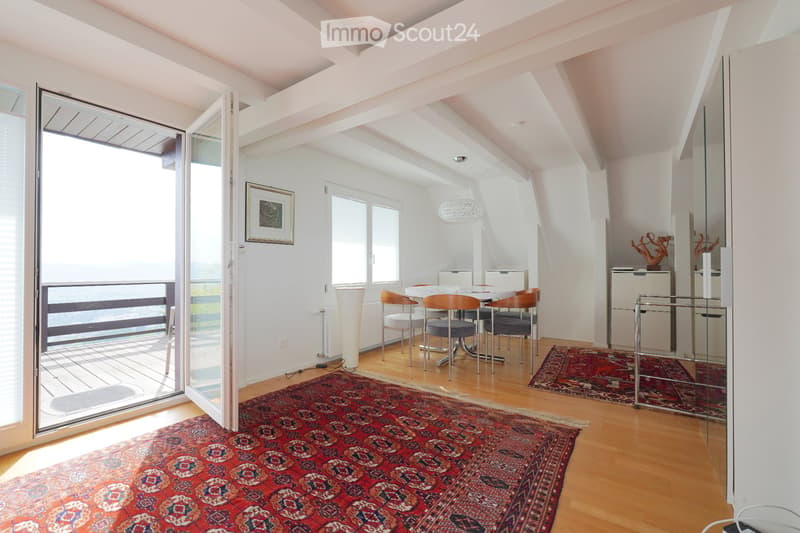 Bright, airy room with wooden flooring, large windows, and a balcony. Features a dining area with a table and chairs, a mirror, a cabinet, and decorative rugs.