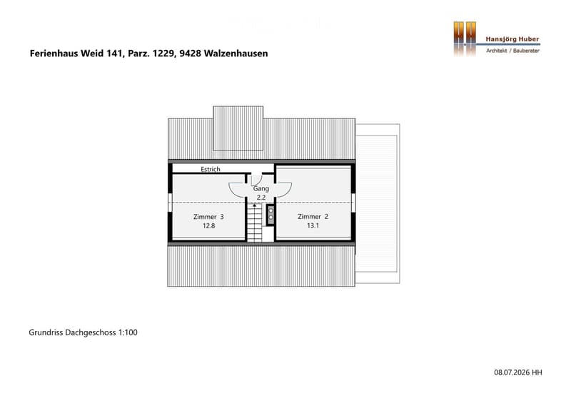 Floor plan of a vacation home attic level showing three rooms and a hallway.