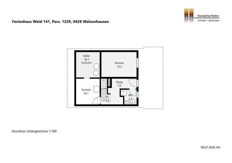 Floor plan of a basement level showing a room, hallway, WC, and technical area.