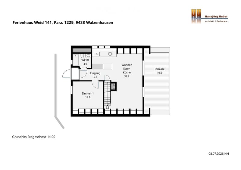 Floor plan of a vacation home with a living/dining/kitchen area, bedroom, bathroom, entrance, and terrace.