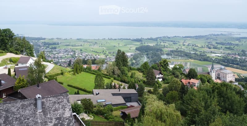 Aerial view of a town nestled in a valley with a lake in the background, surrounded by green fields and trees.