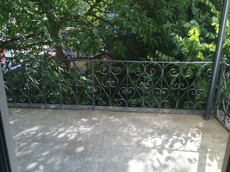 Balcony with decorative metal railing, concrete floor, and lush green foliage in the background.
