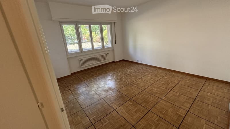 Empty room with wooden flooring, white walls, and a large window with multiple panes. A radiator is visible below the window.