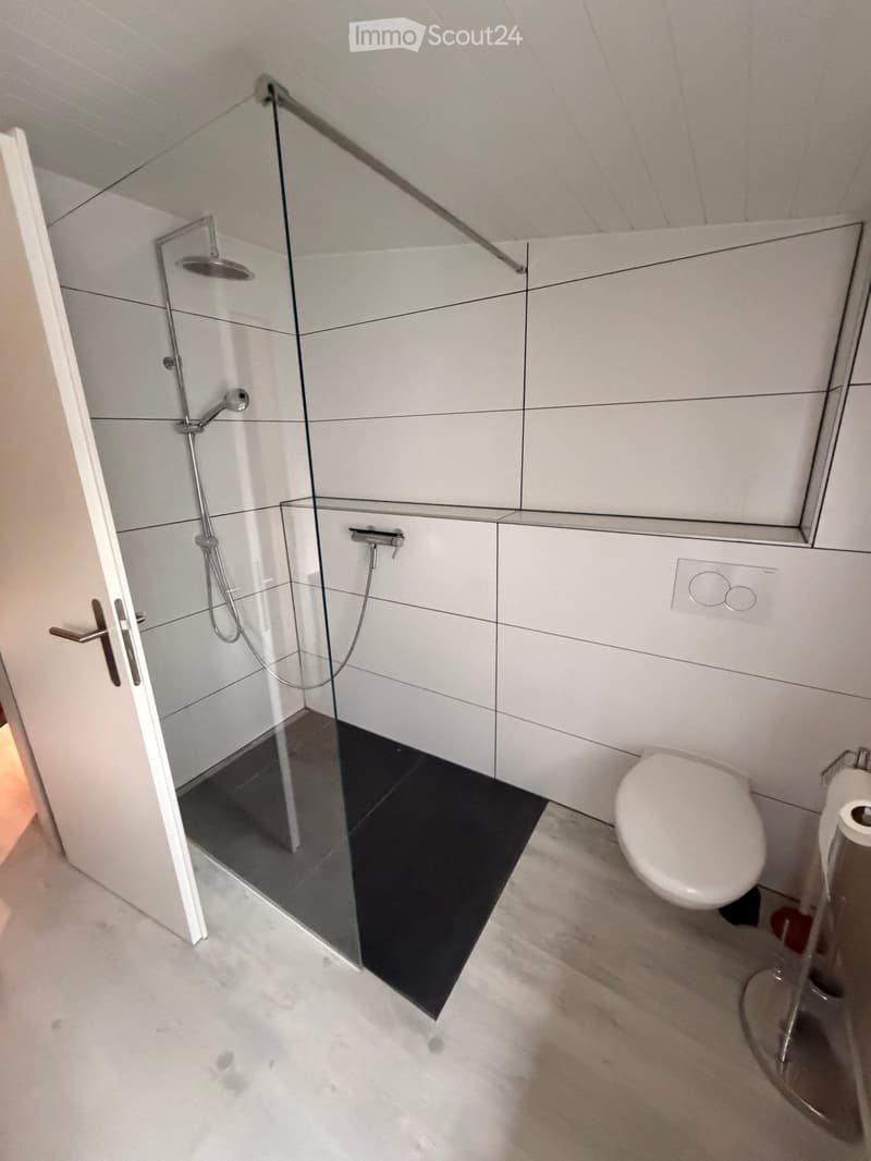 Modern bathroom with a glass-enclosed shower, a toilet, and a sleek showerhead. The shower has a black tiled floor and white tiled walls.