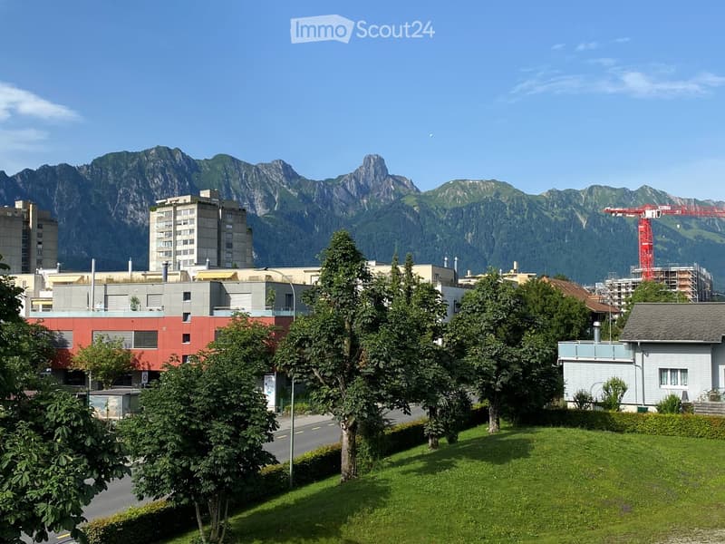 A view of a town with residential and commercial buildings, surrounded by green trees and a road, with a mountain range in the background.