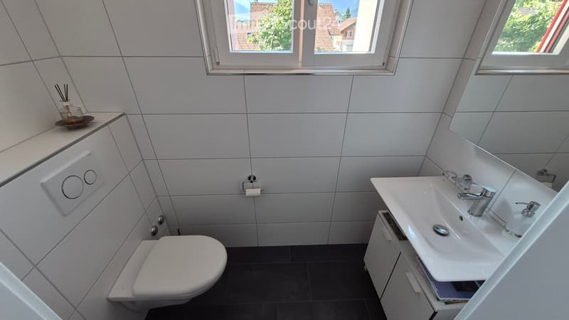 Modern bathroom with grey tiled walls, white toilet, sink, and mirrored cabinet. Features a window with a view of greenery.