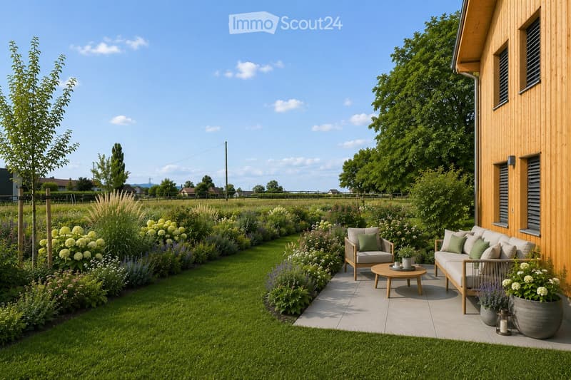 Well-maintained garden with a seating area featuring a sofa, armchair, coffee table, and potted plants. The garden includes a lawn, flower beds, and a wooden house in the background.