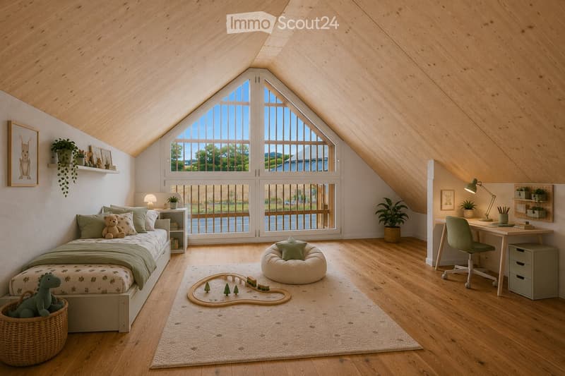 Cozy attic bedroom with wooden floors, slanted ceilings, large windows, a bed with green bedding, a desk with a chair, a beanie chair, a toy train set, and decorative plants.