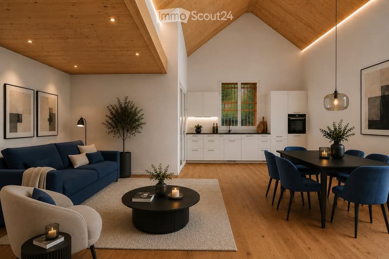 Open-plan living and dining area with a blue sofa, armchair, coffee table, dining table with chairs, kitchen area with cabinets and oven, and decorative elements like framed pictures, plants, and candles.
