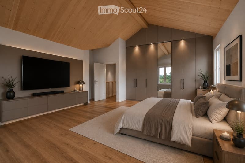 Modern bedroom with a large bed, nightstand, lamp, mirror wardrobe, television, and decorative vases.
