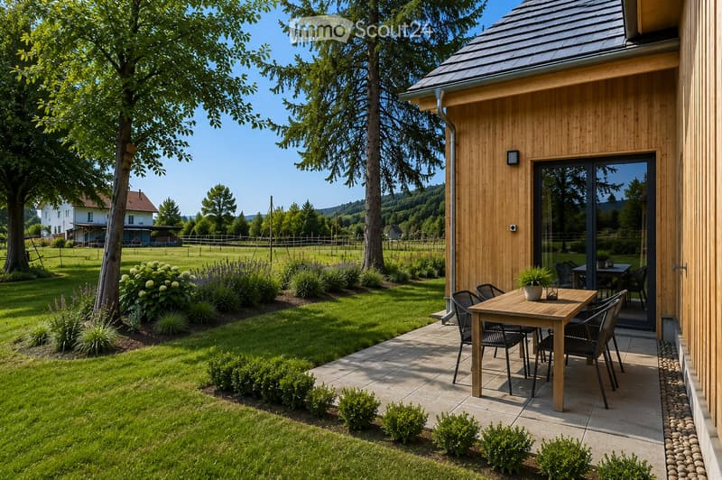 A well-maintained garden with a wooden table and chairs on a patio, surrounded by green grass, shrubs, and trees, with a modern wooden house in the background.