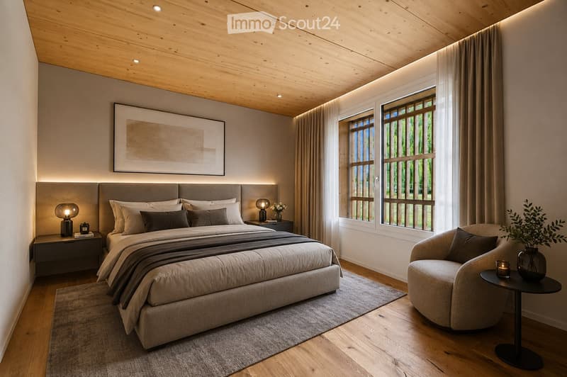 Modern bedroom with a large bed, nightstands, table lamps, a comfortable armchair, side table, and a vase with flowers. Large windows with curtains and a wooden ceiling.