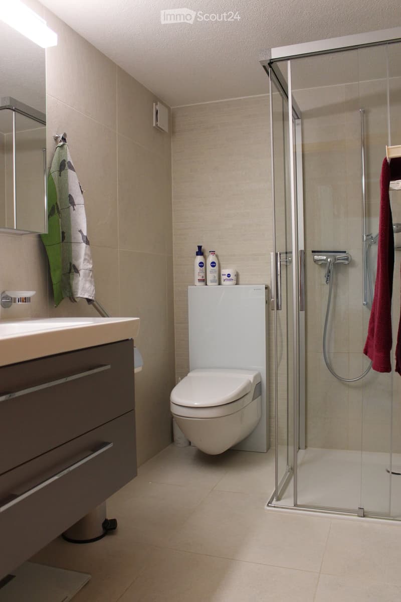 Modern bathroom with a white toilet, glass shower enclosure, sink with dark wooden cabinet, and decorative towels.