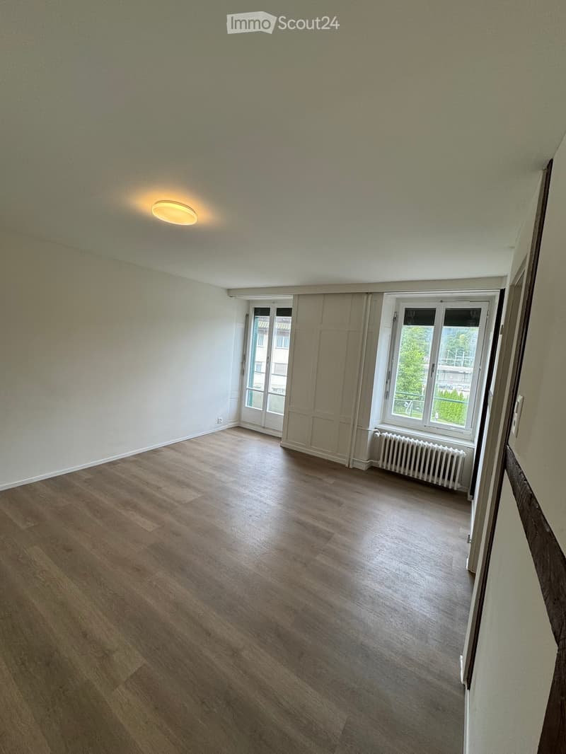 Empty room with wooden flooring, white walls, and large windows with white frames. Features a ceiling light and a radiator under one window.