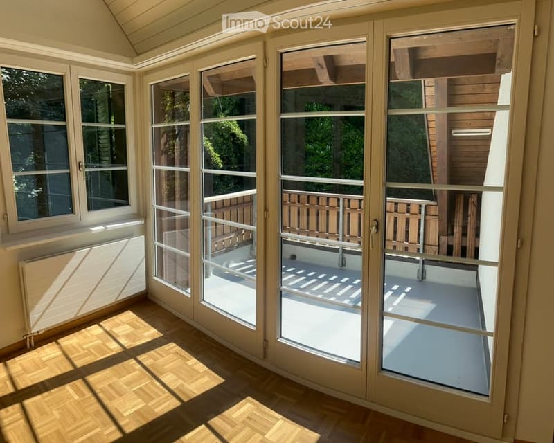 Bright, spacious balcony with large glass doors, wooden flooring, and a view of greenery outside.