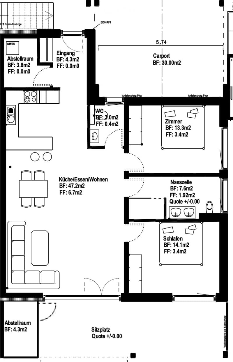 Ground floor floor plan showing kitchen/dining/living area, bedroom, bathroom, storage room, entrance, and carport.