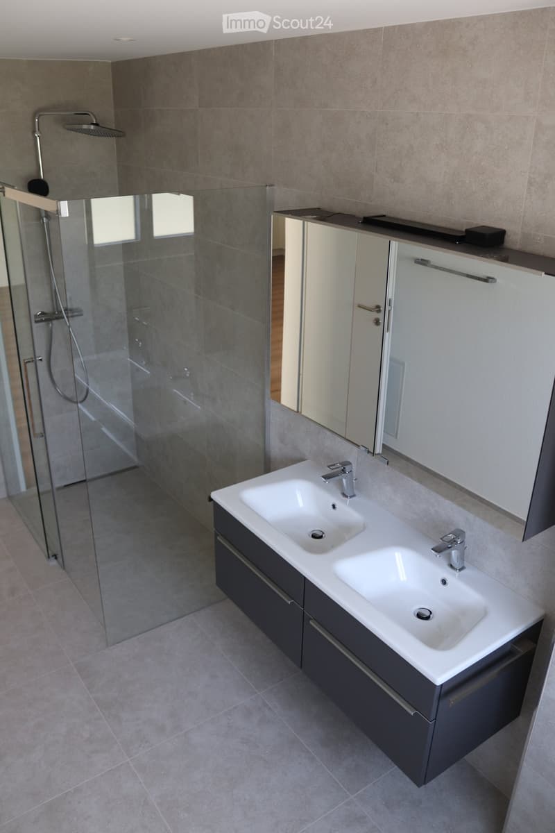 Modern bathroom with double sink, mirrored cabinet, and glass-enclosed shower area.