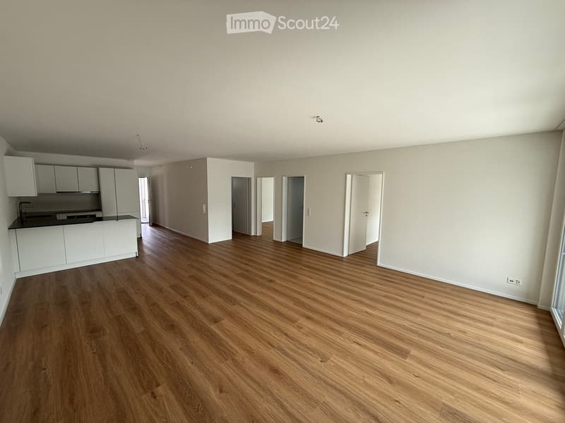 Empty room with light-colored walls, wooden flooring, and white cabinetry in the background. No furniture or personal items are present.