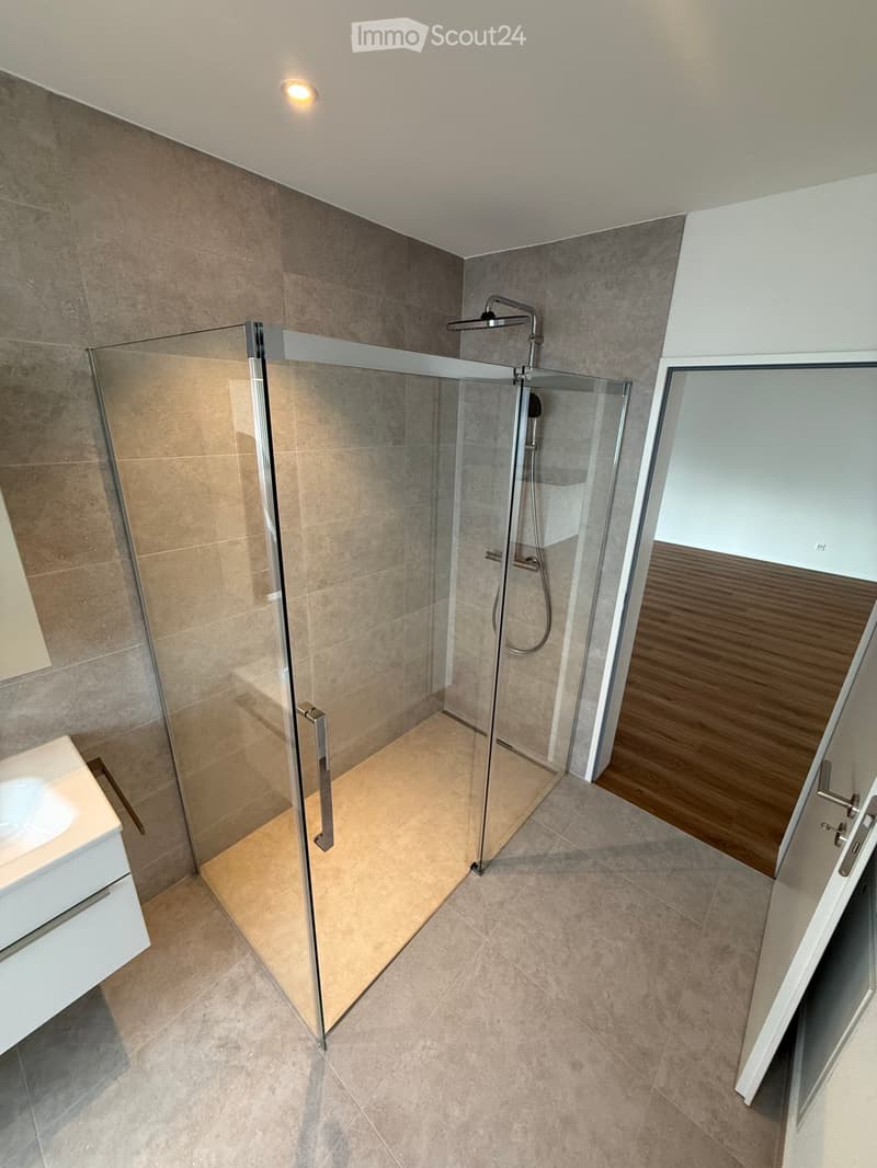 Modern bathroom with a glass-enclosed shower, a white sink, and a sleek faucet.