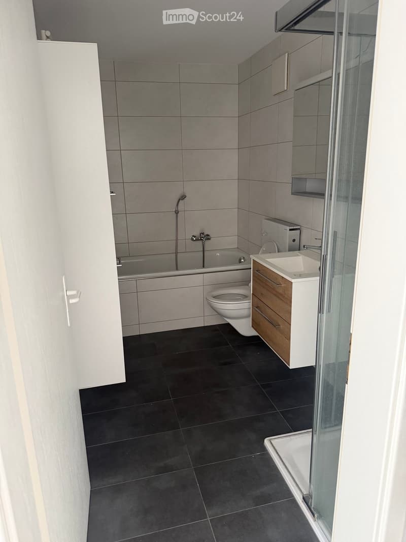 Modern bathroom with dark tiled floor, white walls, bathtub, toilet, sink, and wooden cabinet.
