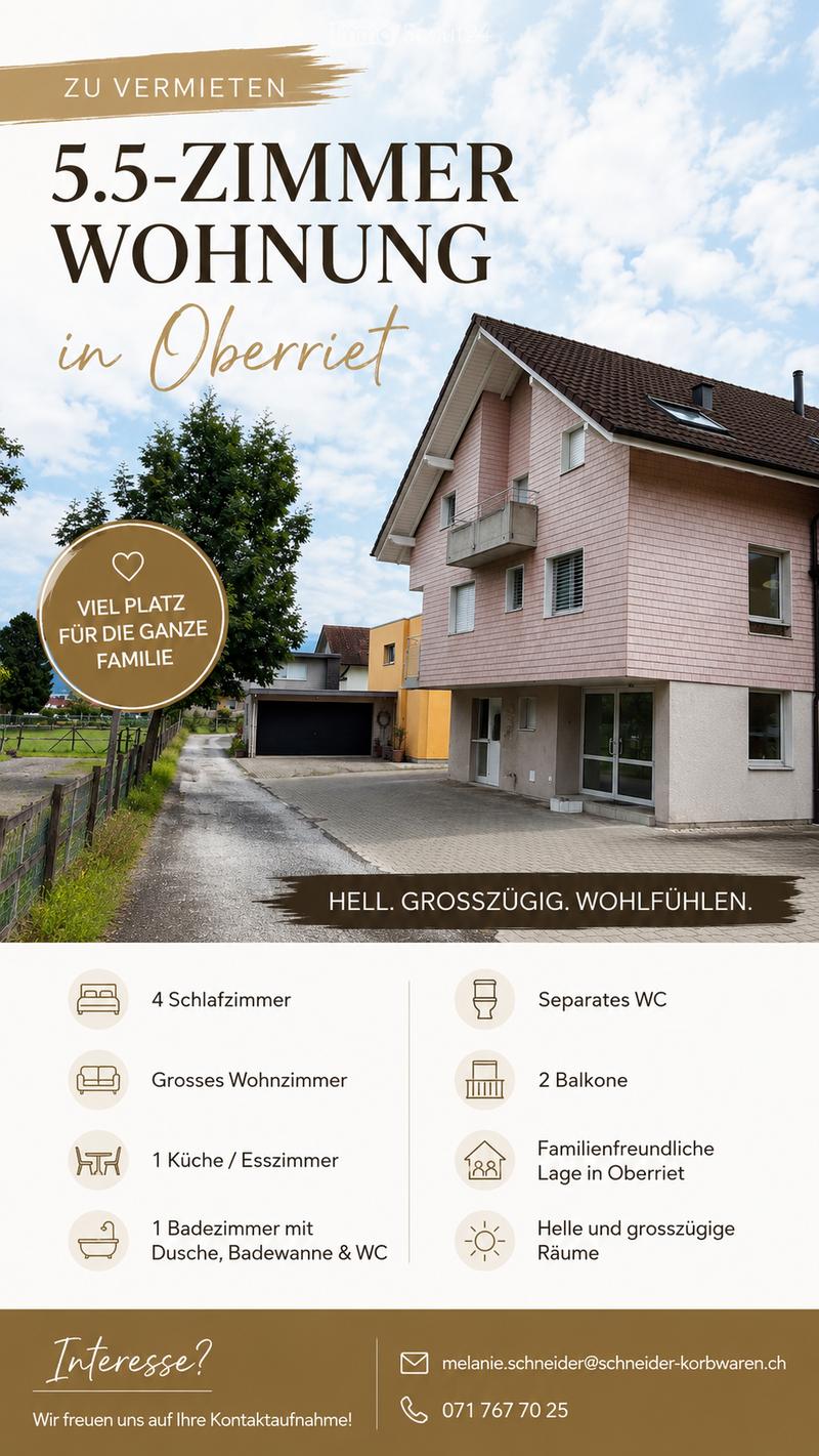 5.5-room apartment in Oberriet, featuring a spacious layout with4 bedrooms, a large living room, a kitchen/dining room, a bathroom with shower, bathtub, and WC, and two balconies. The property is family-friendly and located in a bright and spacious area.